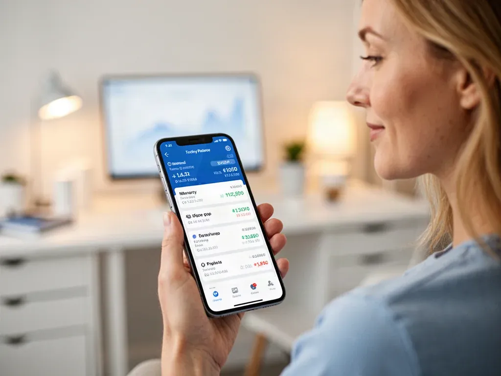 Kobieta trzymająca smartfon z aplikacją do przeliczania walut w domowym biurze.