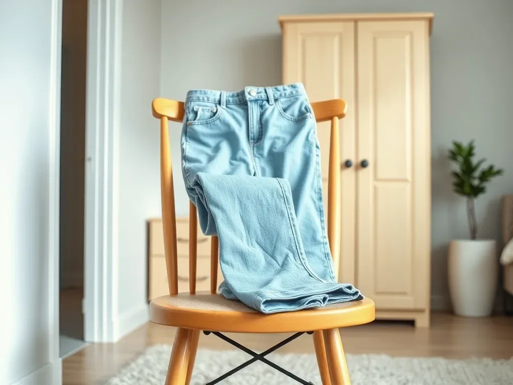 Jasnoniebieskie mom jeans z wysokim stanem złożone na krześle w jasnej, minimalistycznej sypialni o spokojnym, pastelowym klimacie.