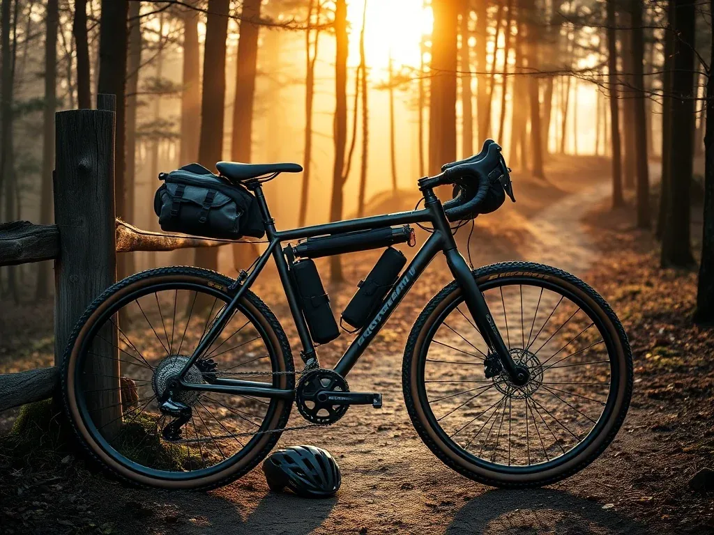 Gravelowy rower z sakwami oparty o płot w lesie o wschodzie słońca, obok kask i rękawiczki, zapowiedź wyprawy bikepackingowej