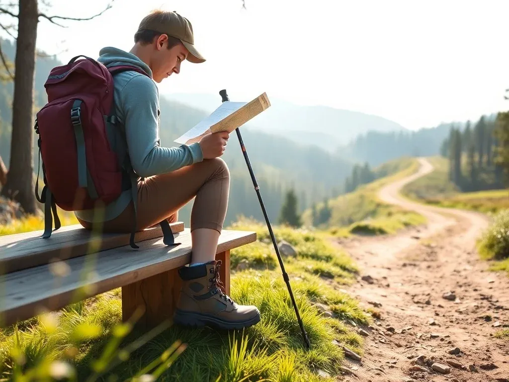 Początkujący trekker na leśnym szlaku sprawdza mapę i ekwipunek, gotowy do wyruszenia w spokojną, poranną wędrówkę.