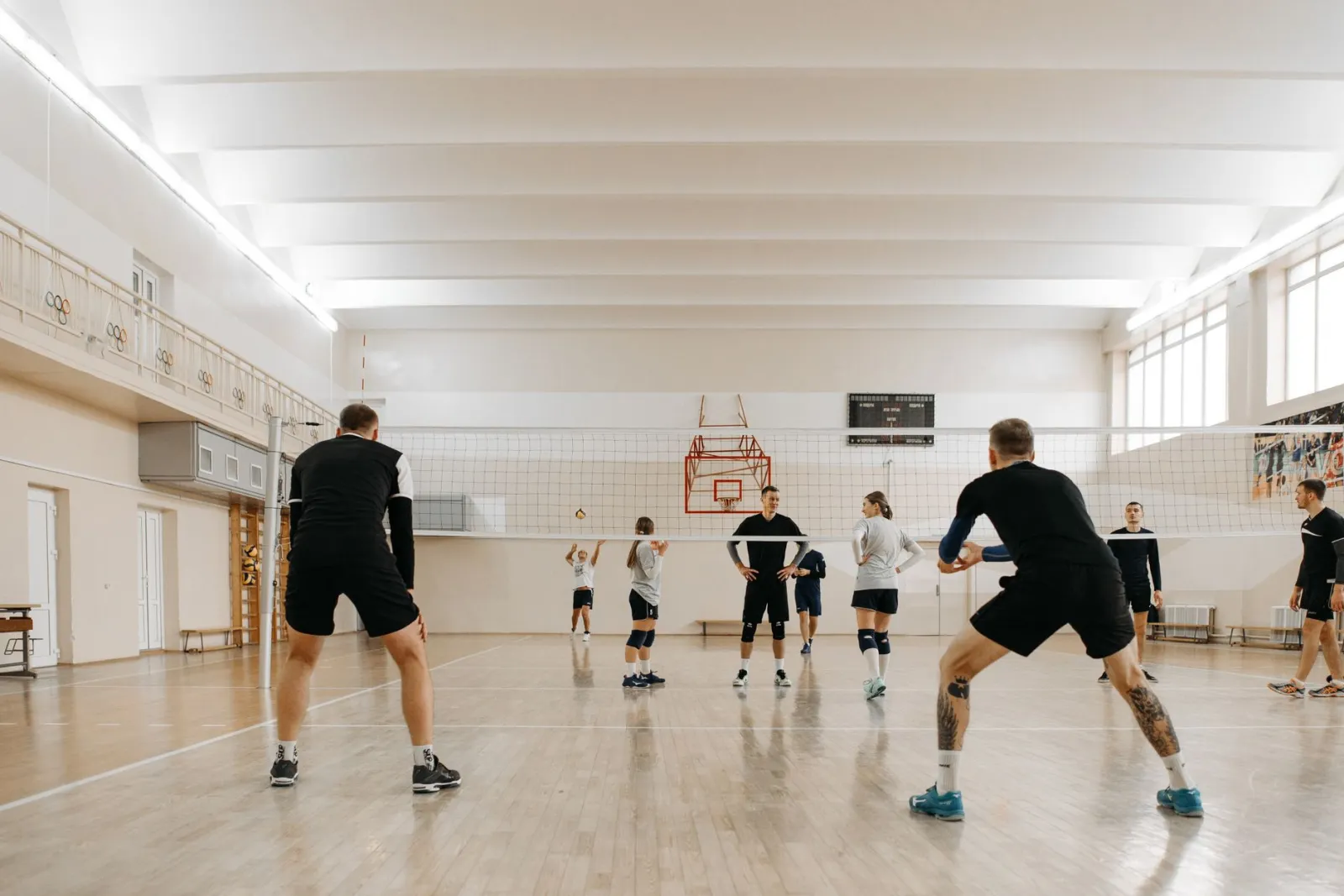 Volleyball players in a competitive indoor match, focusing on teamwork and skill.